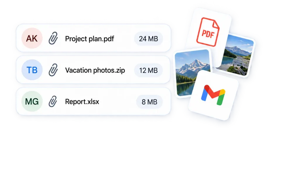 Three Gmail messages with large attachments sized 24 MB, 12 MB, and 8 MB.